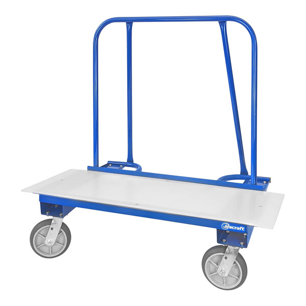 A blue and white Jescraft steel drywall cart with wheels.