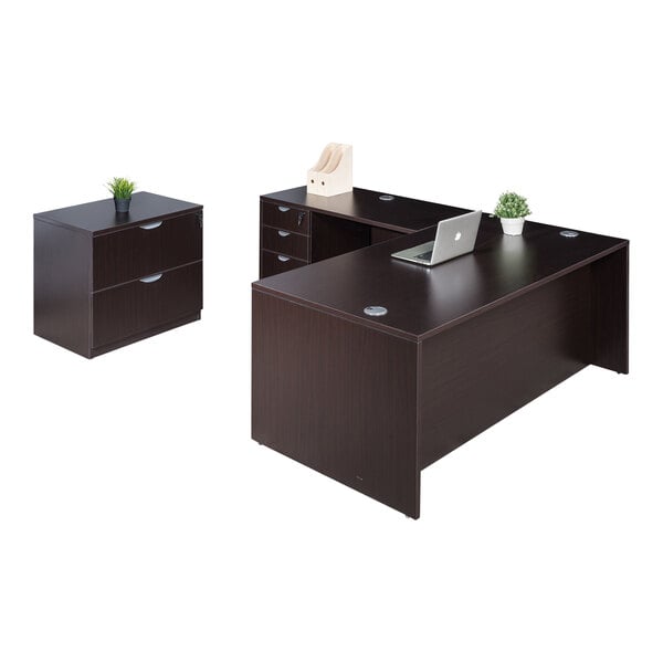 A Boss mocha laminate desk with return, lateral storage, and storage pedestal with a laptop and file cabinet on it.