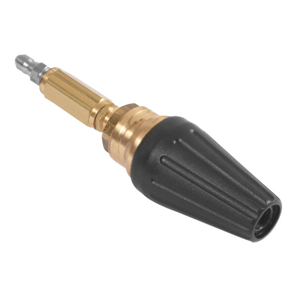 A close-up of a black and gold Mi-T-M rotating nozzle.