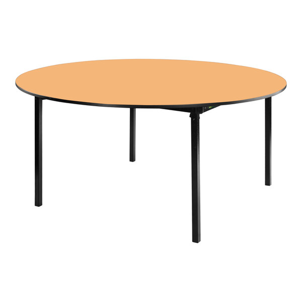 A National Public Seating round Fusion Maple plywood folding table with a T-Mold edge on a black metal stand.
