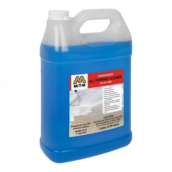 A blue liquid in a plastic jug with Mi-T-M All Purpose Cleaner label.