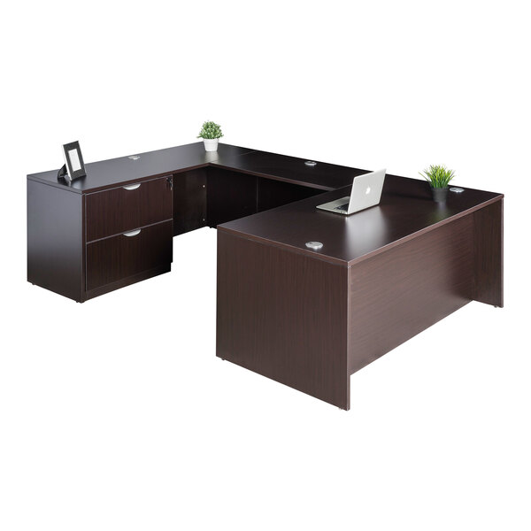 A Boss mocha laminate desk with a laptop on it.