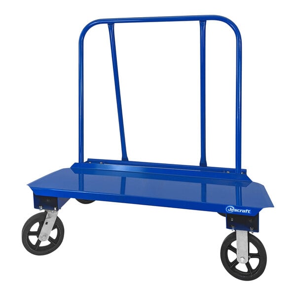 A blue Jescraft steel commercial drywall cart with black wheels.