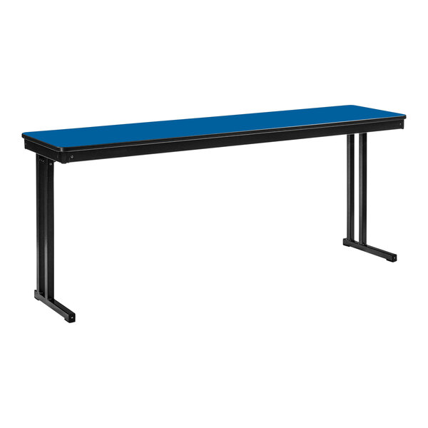 A blue rectangular National Public Seating folding table with black cantilever legs.