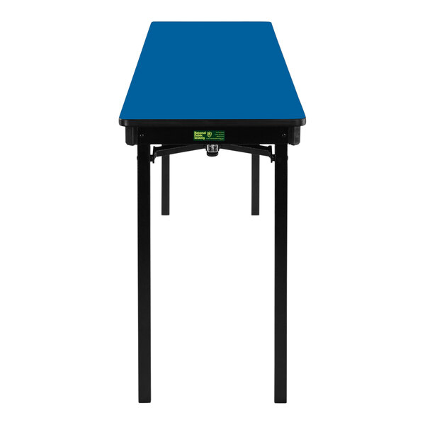 A National Public Seating Persian blue rectangular folding table with black legs.