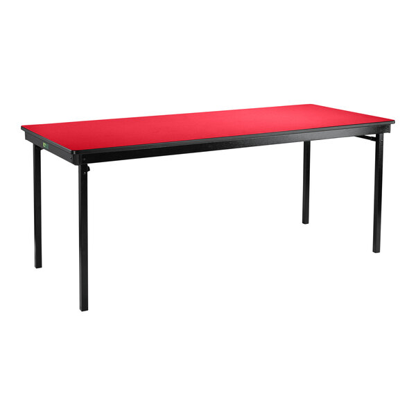 A red National Public Seating Hollyberry plywood folding table with black legs and T-mold edge.