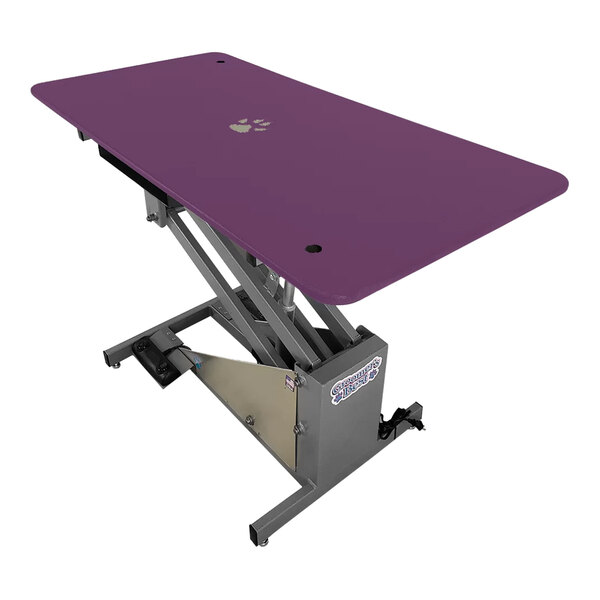 A Groomer's Best electric purple grooming table with a black base.