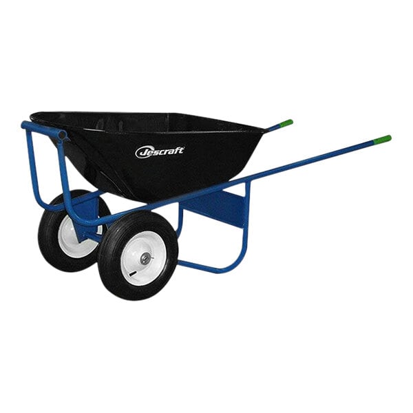 A blue Jescraft steel wheelbarrow with black handles.