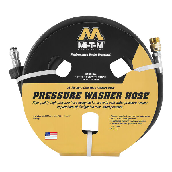 A black and yellow Mi-T-M cold water extension hose with white tape on it.