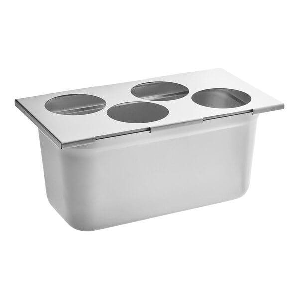 A stainless steel 1/3 size pan with four holes in it.