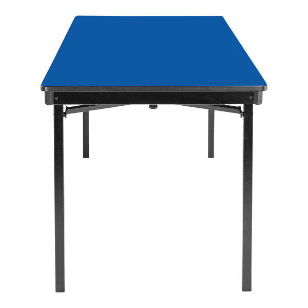 A Persian blue rectangular National Public Seating folding table with black T-mold edges.
