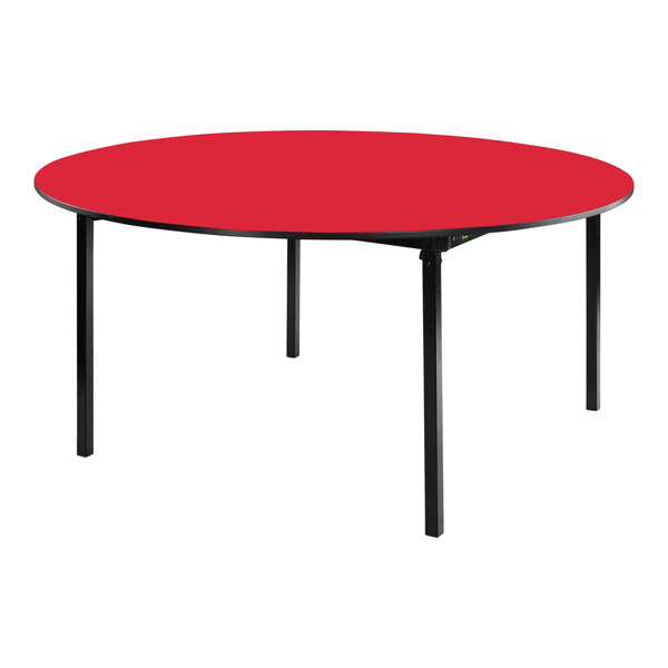 A round red National Public Seating folding table with a black edge and black legs.