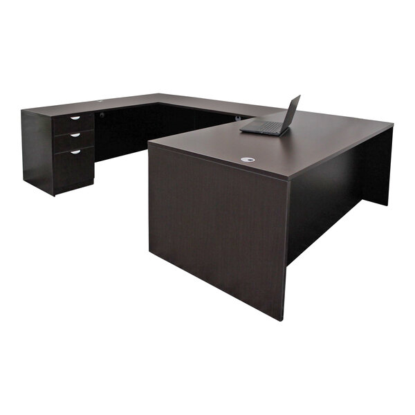 A Boss Holland mocha laminate desk with a laptop on it.