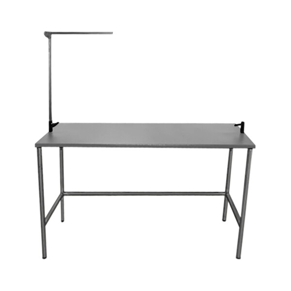 A grey rectangular Groomer's Best grooming table with a stainless steel frame.