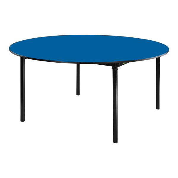 A National Public Seating round plywood table with a blue top and black T-mold edge.