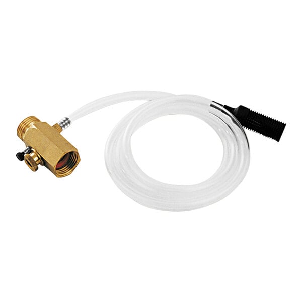 A brass pipe and gold tube connected to a white hose.