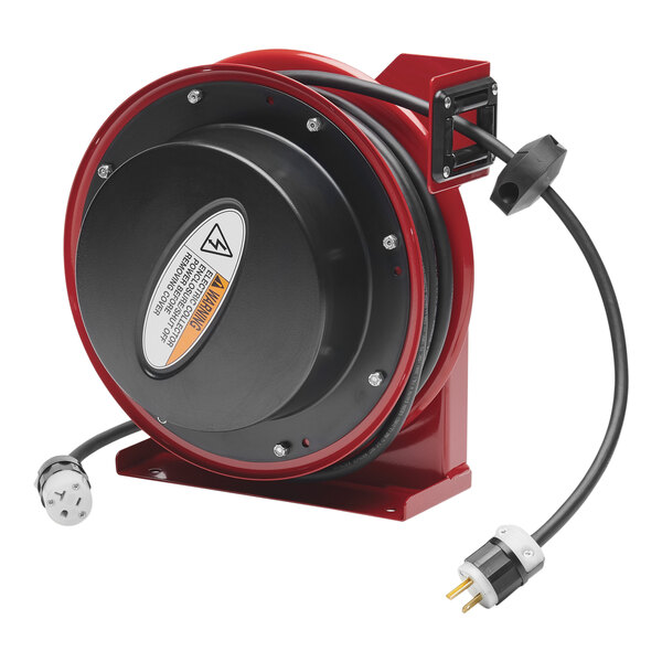 A red and black Reelcraft electrical cord reel.