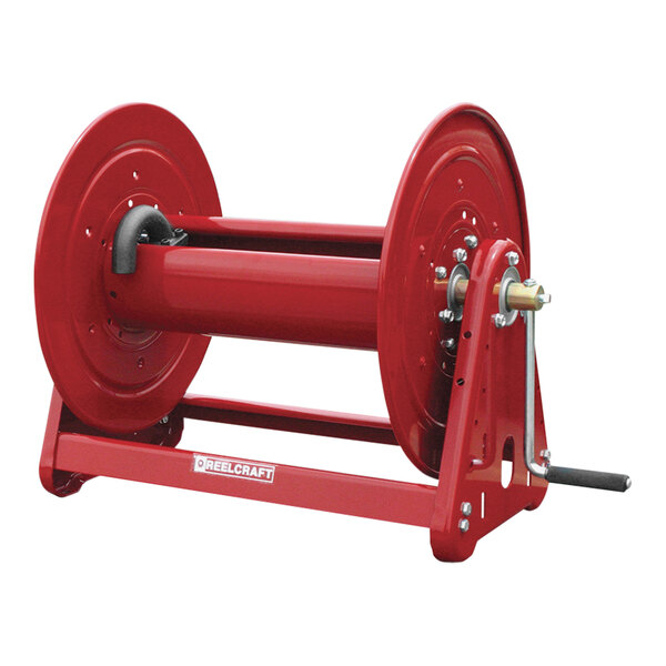 A red Reelcraft hose reel with a black handle.