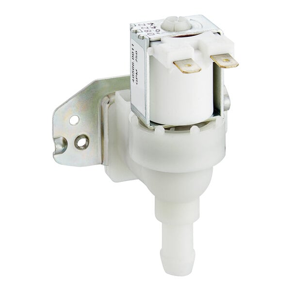 A white plastic Bunn solenoid valve assembly kit with a metal bracket.
