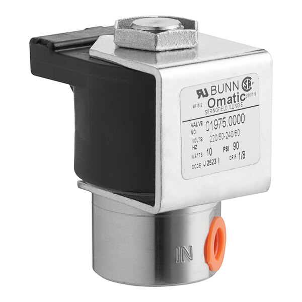 A metal Bunn solenoid valve with a red and black label.