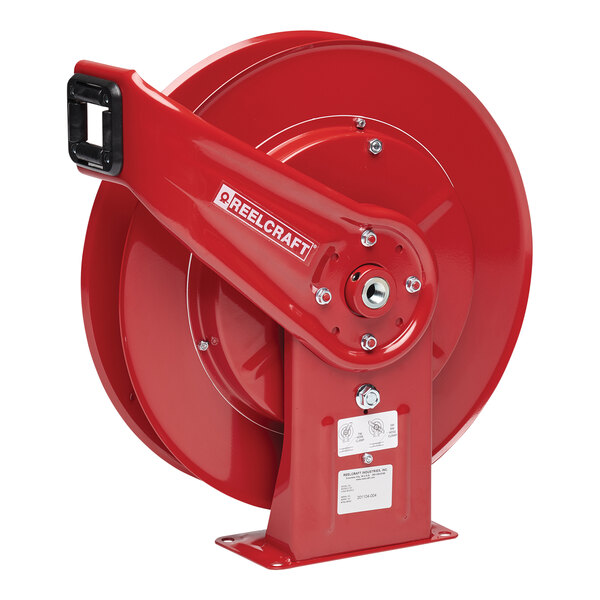 A red Reelcraft hose reel with a black handle.