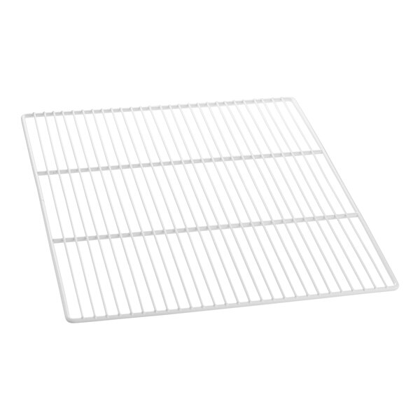 A white wire rack with a grid on it.