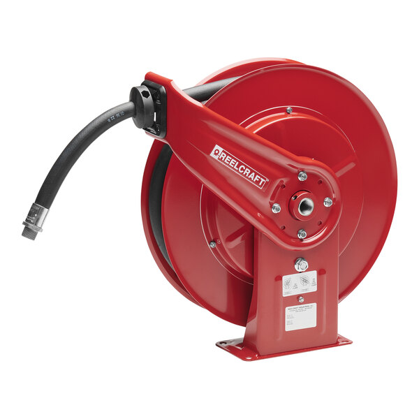 A red Reelcraft hose reel with a hose attached.