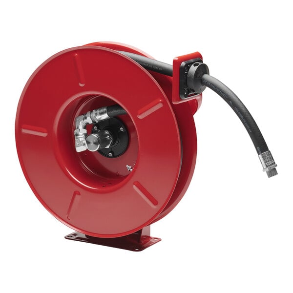 A red Reelcraft hose reel with a black hose attached.