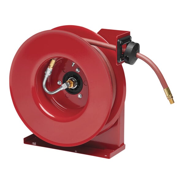 A red Reelcraft hose reel with a black hose attached.