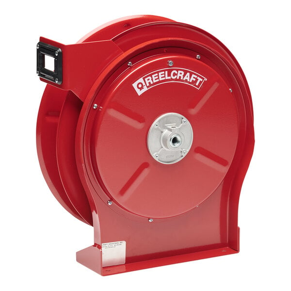 A red Reelcraft hose reel with a white background.