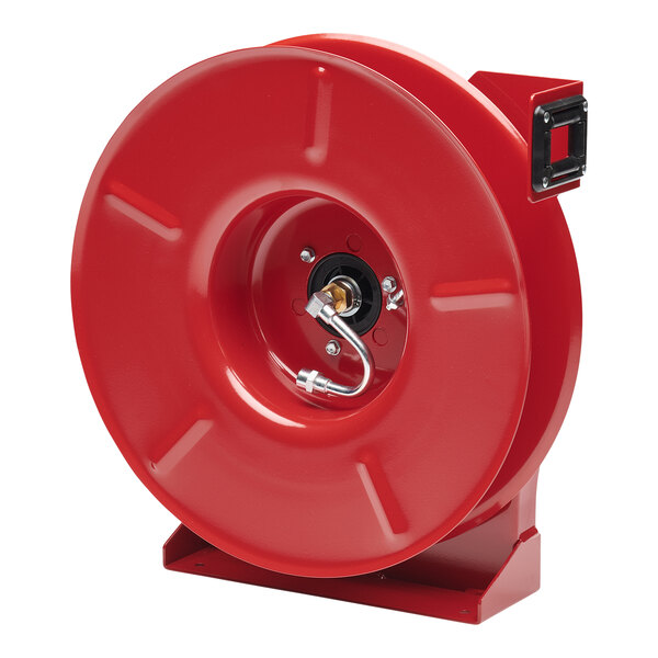 A red metal Reelcraft hose reel with a hose attached.