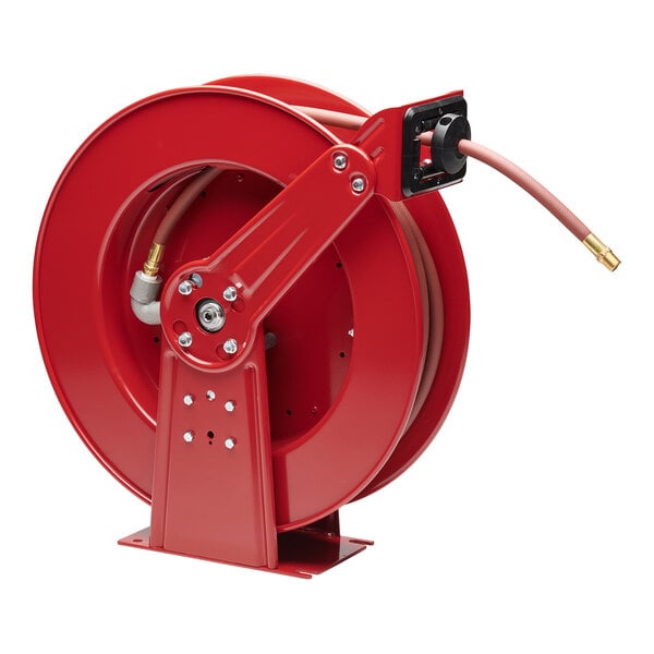 A red Reelcraft hose reel with a hose attached.