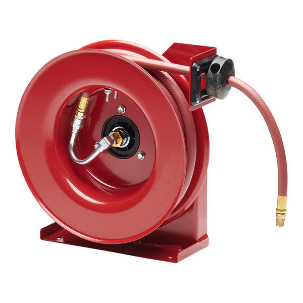 A red Reelcraft hose reel with a hose attached.