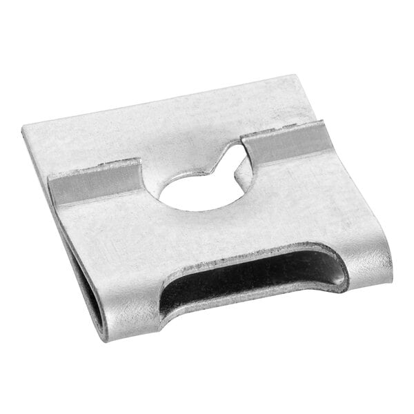 A metal Bunn 8-32 J-Type clip with a hole.