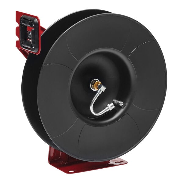 A black and red Reelcraft RT series hose reel with a hose inside.