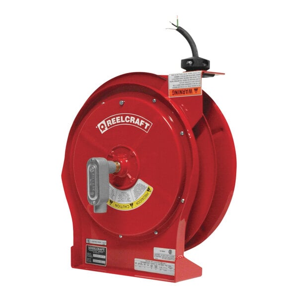 A Reelcraft red power cord reel with a cable.