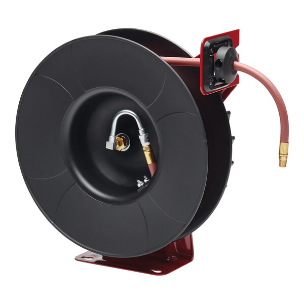 A black Reelcraft hose reel with a red hose attached.