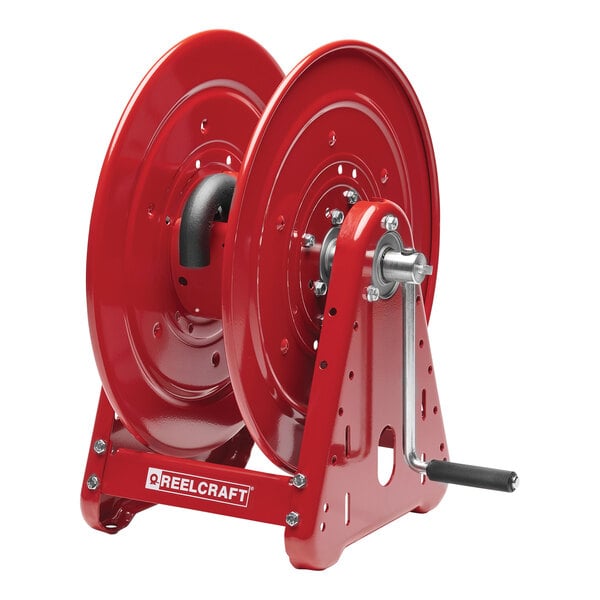 A red Reelcraft hose reel with a black handle.