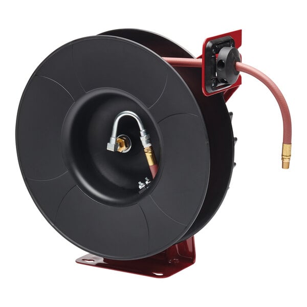 A black Reelcraft hose reel with a red hose attached.