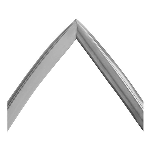 A close-up of a silver metal frame with a curved white object inside.