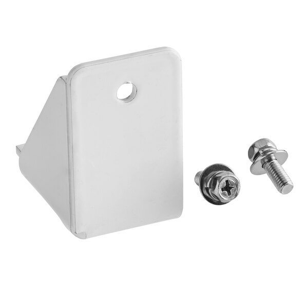 A metal bracket with a hole and two metal screws are shown against a white background.