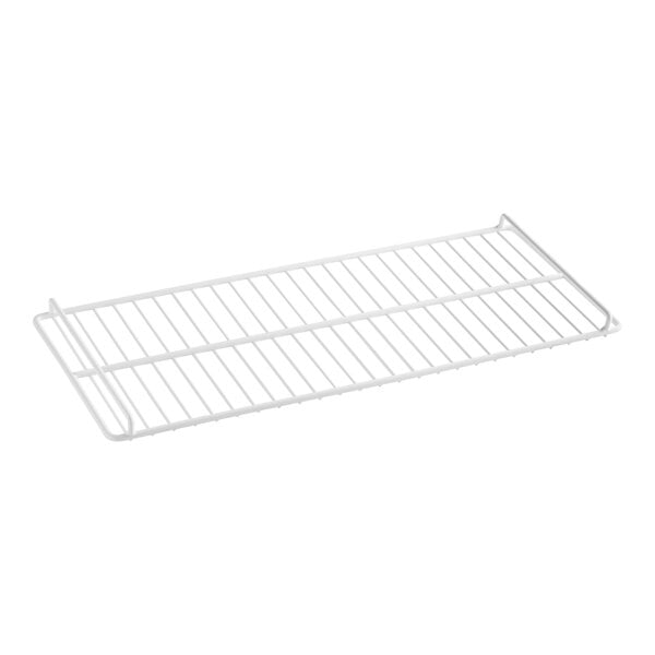 A white metal Galaxy bottom shelf with a white wire rack.