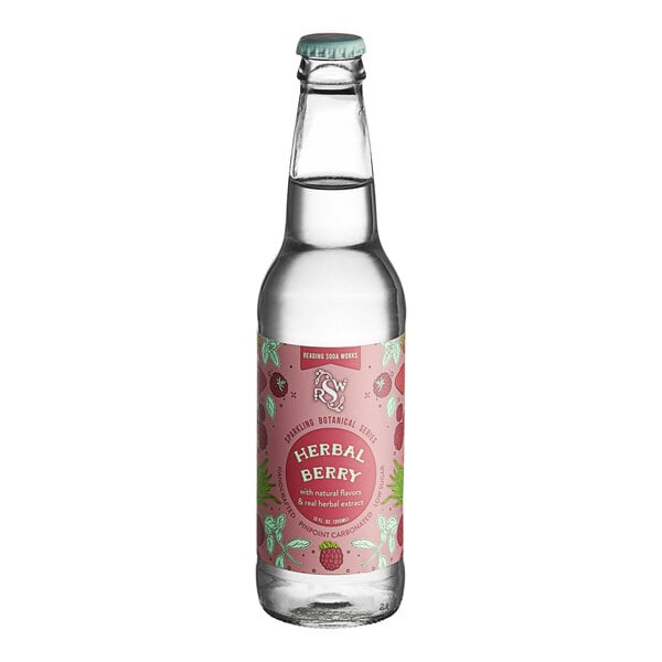 A Reading Soda Works Herbal Berry soda in a glass bottle with a pink label.