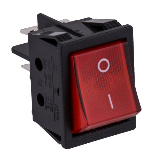 A red rocker switch with a white circle and white text.