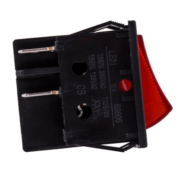 A close up of a black Carnival King switch with a red light.