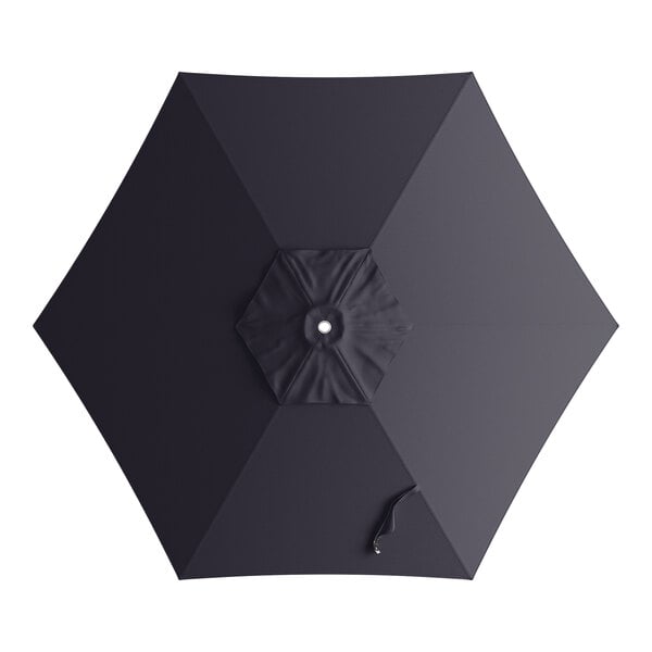 A navy umbrella canopy for a round table with an aluminum push lift.