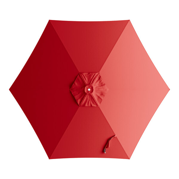 A red Lancaster Table & Seating umbrella canopy with a handle.