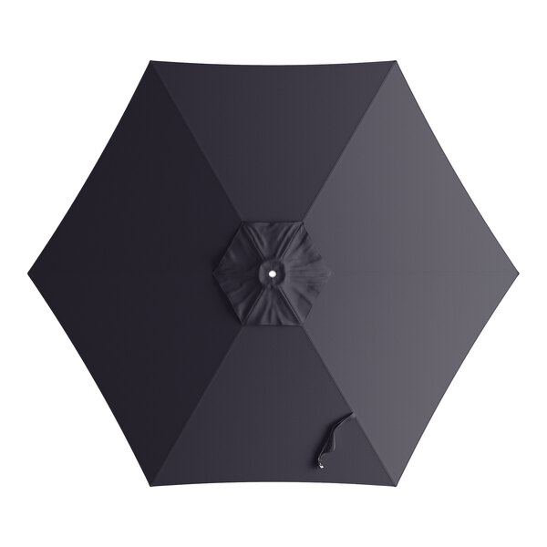 A navy blue umbrella canopy for a round table with a black handle.