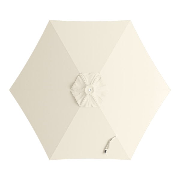 An ivory cloth round umbrella canopy with a metal handle.