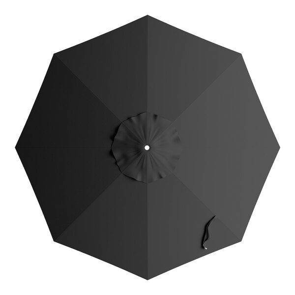 A black umbrella canopy for a round table with a handle.